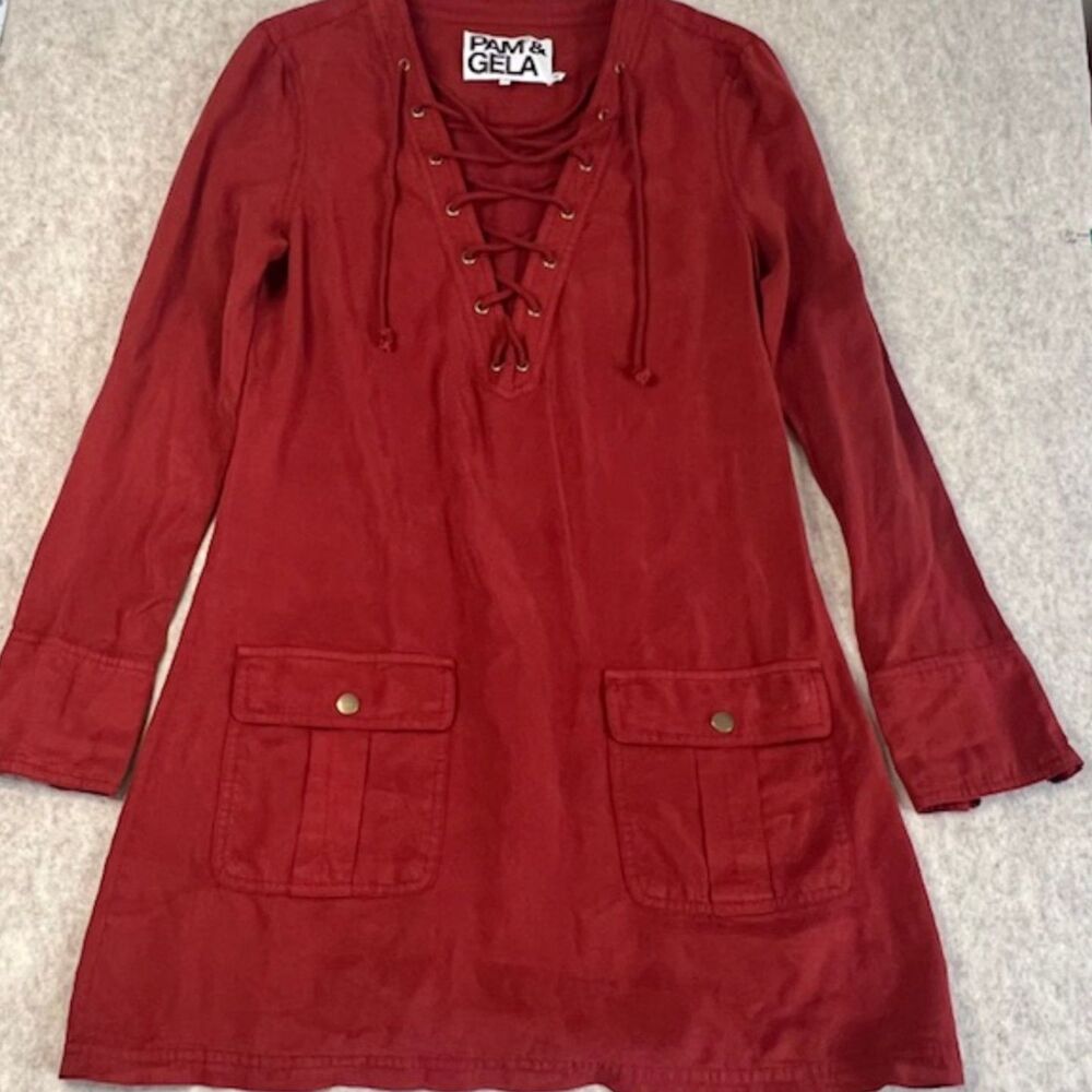 Pam & Gela Lace Up Tencel Dress Utility Mini Red Size Small